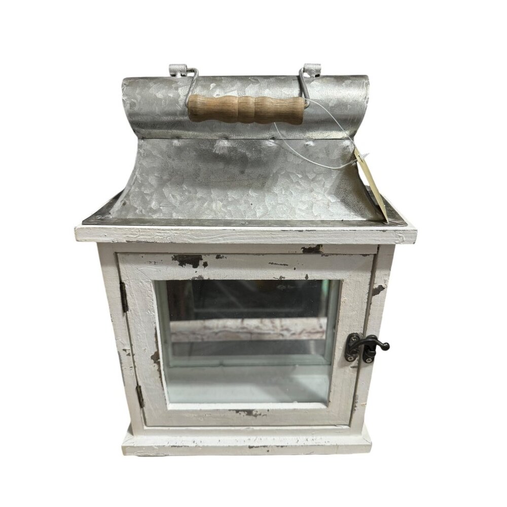 Rustic White Metal & Wood Lantern With Glass Panels